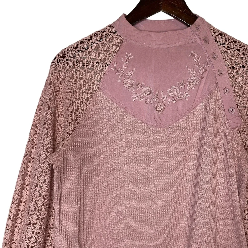 Free People Sweetest Thing Thermal Top Boho Balloon Sleeve Pink size XS